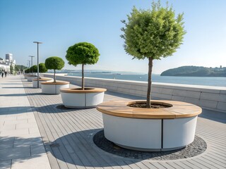 Modern concrete and wood planters with small green trees line a sunlit paved waterfront promenade next to a calm blue sea.
