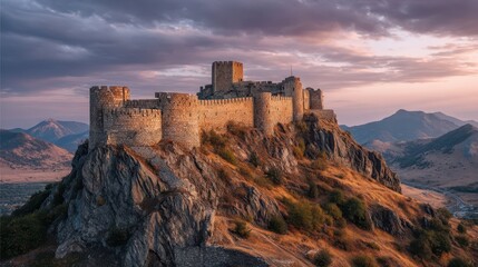 Obraz premium Majestic Medieval Stone Fortress on Mountain During Sunrise