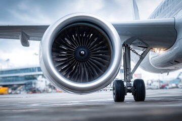 A closeup shows an airplane engine landing gear on an airfield The background is blurred