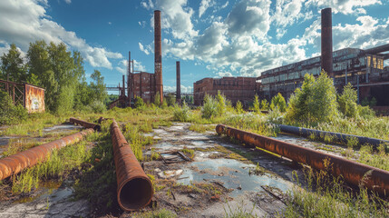 desolate landscape with crumbling factories, rusted pipes, and overgrown vegetation, depicting a world reclaimed by nature