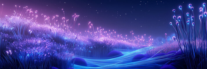 Futuristic digital landscape with glowing strands of fiber optics, electric currents flowing through blue and purple filaments
