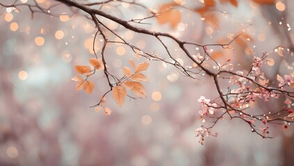 Soft-focus image of a tree branch with pale pink blossoms and orange-brown leaves, bokeh background