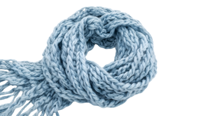 Soft blue knitted scarf with thick yarn and fringe closeup on the transparent background for winter fashion and cozy textures