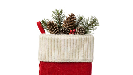 Festive christmas stocking with pinecones, red berries, and evergreen branches against white background for holiday decoration