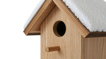 Wooden birdhouse with snowcovered roof isolated on the transparent background  winter shelter, minimalist design, closeup, seasonal concept