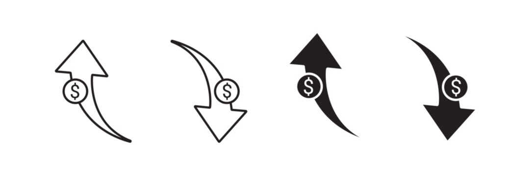Money increase and decrease icons with dollar sing. Price, rate, cost, sale or profit going up or down symbol with arrow and us dollar sign vector illustration 