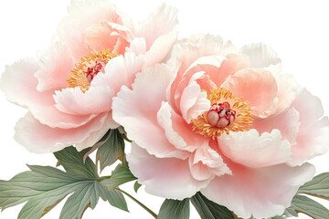 Fototapeta premium Delicate pastel pink peony blossoms with green leaves detailed botanical illustration isolated on transparent background