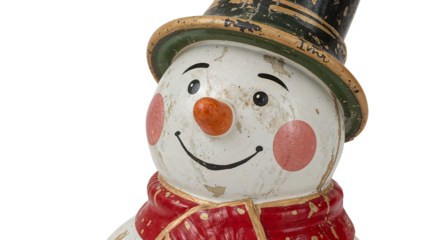 Vintage snowman figurine with red scarf and black top hat isolated on white, rustic christmas decor, festive holiday ornament, cheerful smiling face, classic seasonal figure