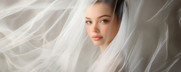 A beautiful young woman gazes out from behind delicate fabric