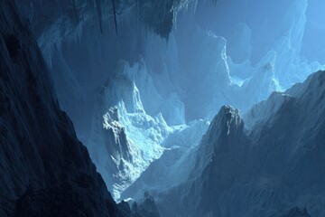 Icy peaks pierce a dark, cavernous landscape