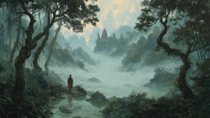 Misty Jungle Scene with Ancestral Spirits in Ethereal Atmosphere