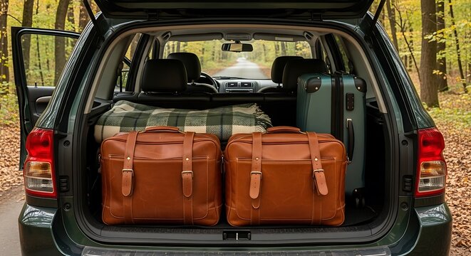 Open car trunk filled with luggage and blanket for road trip suitcase
