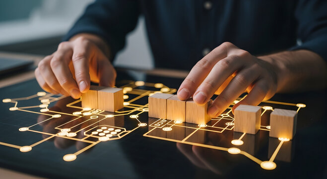 Human hands strategically connect glowing pathways with wooden blocks on a dark