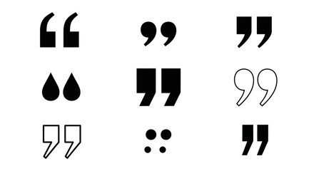 A versatile set of black quotation marks and punctuation symbols. Collection of various icons for typography and graphic design.