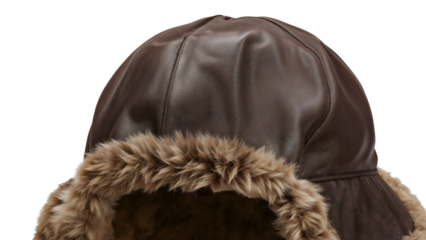 Brown leather winter hat with faux fur trim closeup isolated on the transparent background