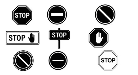 Set of black and white stop and prohibition traffic signs. Vector icon collection of warning, restriction, and do not enter symbols for road safety.