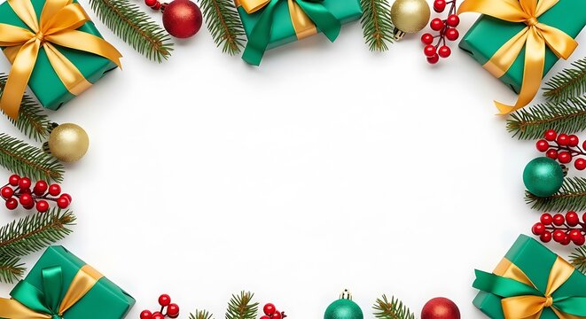 Festive Green Presents, Golden Accents, and Winter Greenery Frame a White Background, Elegant Holiday Gift Arrangement for Christmas or New Year's - Powered by Adobe