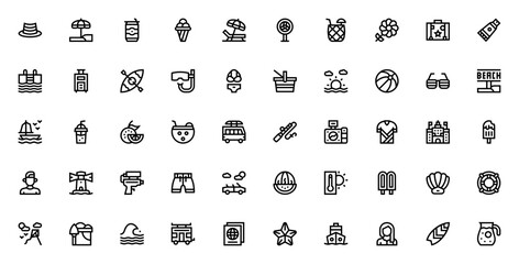 Summer vacation icon set. Beach vector collection. Includes hat, umbrella, ice cream, bikini, sunscreen, kayak, surfboard, coconut drink and more. Tropical travel essentials.