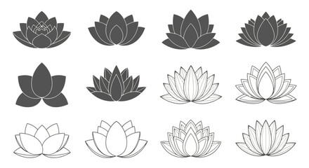 Lotus flower vector icon set for spiritual and wellness design. Minimalist floral logo templates for yoga and meditation.