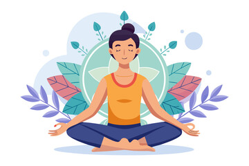 Fototapeta premium Inner Serenity: A serene scene depicting a person in a seated meditation pose, promoting mindfulness and relaxation against a backdrop of calming floral elements.