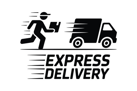 Running man with package and truck express delivery shipping transport