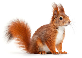 Obraz premium A red squirrel sitting upright on a white background looking alert with a bushy tail and pointy ears
