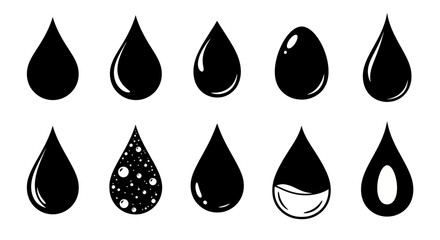 Set of monochrome liquid drop icons. A collection of black water, oil, and fuel droplet symbols in various styles for design.