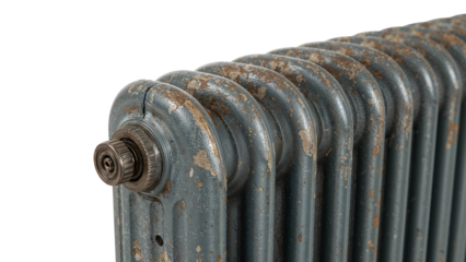 Closeup of vintage cast iron radiator with rust and peeling paint, industrial heating element detail, old home interior design concept