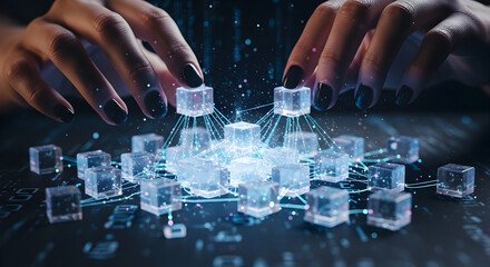 Hands connect with glowing data cubes, visualizing the intricate web of information and advanced technological systems.