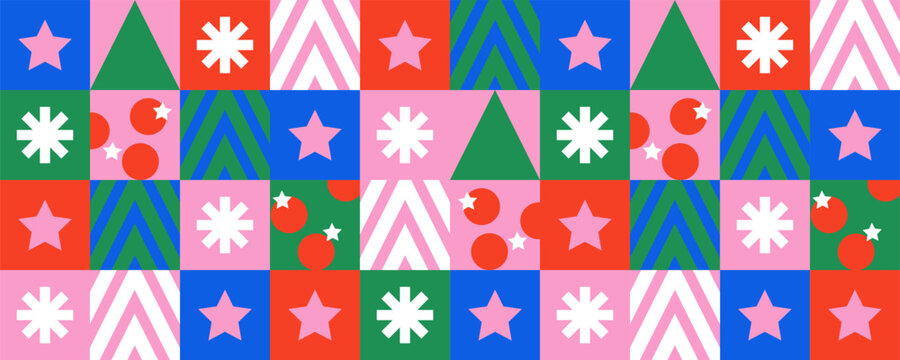 Christmas holiday seamless pattern in modern geometric style for seasonal decorations, prints, Christmas cards, packaging, posters and web sites. Trendy Xmas decor design template