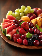 Fresh Platter of Colorful Mixed Fruits Including Berries, Grapes, and Melons