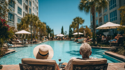 Couple relaxing by a serene poolside on a sunny day enjoying leisure time in a vibrant resort atmosphere in summer
