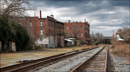 Fototapeta premium Abandoned Warehouse Near Train Tracks Surrounded by Overgrown Grass