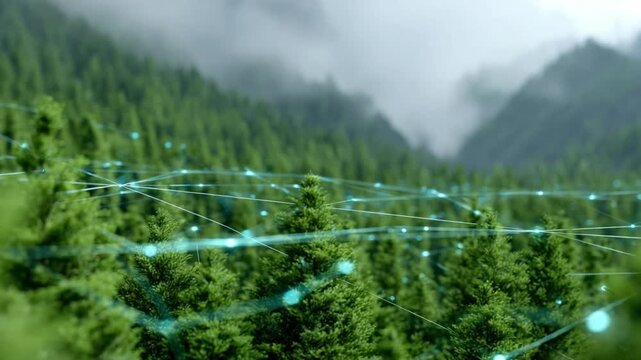 Forest Network in the Mist: Digital connections interwoven with nature, where technology and the environment find harmony amidst a verdant forest landscape.