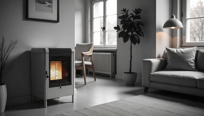 A cozy living room with a heater, a couch, a chair, and a plant near the window in a minimalist style