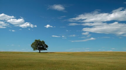 Obraz premium Lone Tree in Vast Open Field Under Bright Blue Sky