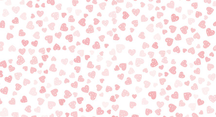 Delicate pink hearts with tiny white dots are scattered across a clean white backdrop, creating a soft and romantic pattern ideal for backgrounds and designs with a subtle, loving feel