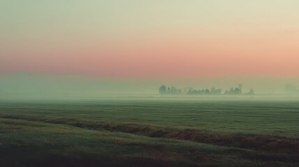 Fototapeta premium Serene Foggy Landscape with Soft Green Tones at Sunrise