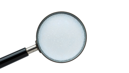 Magnifying glass closeup isolated on white, macro view of transparent lens tool for search, investigation, exploration, science and education concepts