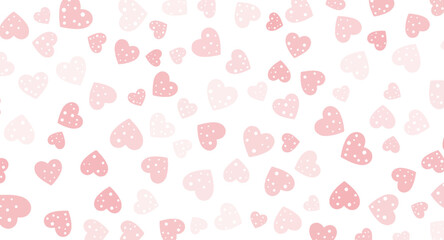 Delicate pink hearts scattered on white canvas create a charming backdrop, evoking feelings of love and tenderness with whimsical polka dot patterns adding playful details