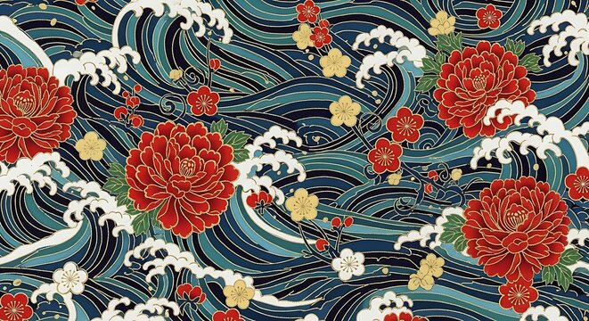 Ukiyo‑e Wave with Peonies &mdash; Traditional Japanese Floral Pattern
