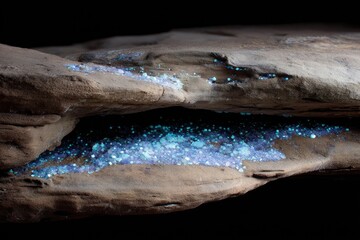 Close-up of  dark rock with light-blue mineral deposits