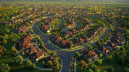 Aerial view of a residential neighborhood with winding roads and houses