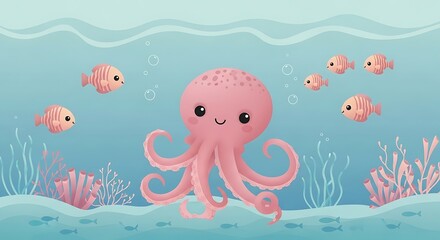 Kawaii Pink Octopus — Cute Underwater Nursery Illustration
