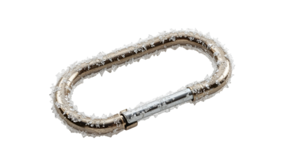 Metal carabiner with ice crystals on surface isolated on the transparent background, frozen mountaineering gear, winter outdoor equipment closeup