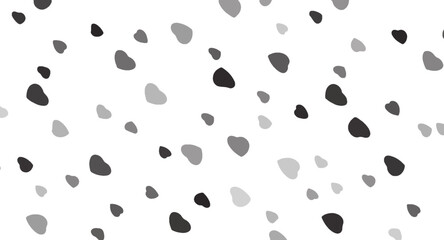 Monochromatic seamless pattern features scattered organic shapes in varying shades of gray, creating a modern and abstract minimalist design against a white backdrop