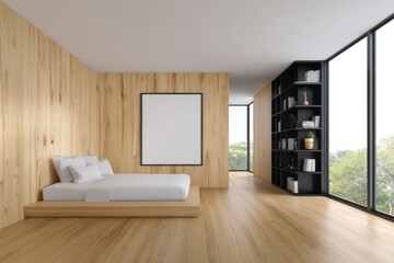 Modern minimalist bedroom with large window