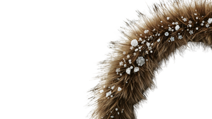 Brown faux fur wreath decorated with white artificial snowflakes on the transparent background for modern winter holiday decor