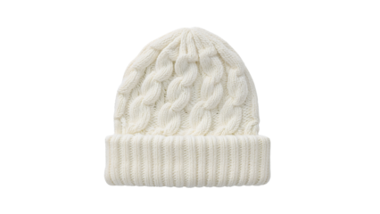 Cozy white cable knit beanie with folded brim for winter fashion and cold weather comfort on the transparent background