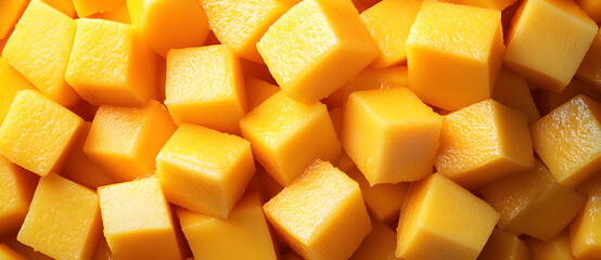 Overhead macro shot of cubed juicy mango, bright yellow tropical fruit background ideal for food photography, healthy eating themes, and exotic summer designs.